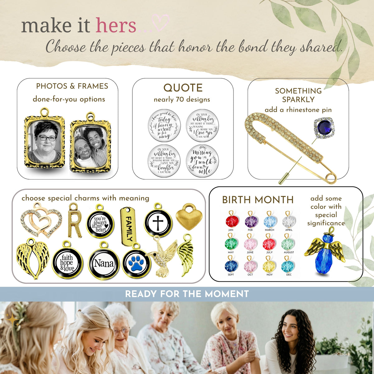 Personalized gold wedding bouquet charm customization guide showing options for custom photo frames, engraved quote pendants, rhinestone brooch pin, birthstone crystals, and gold charms including cross, angel wing, paw print, and Nana, with happy brides and grandmothers below.