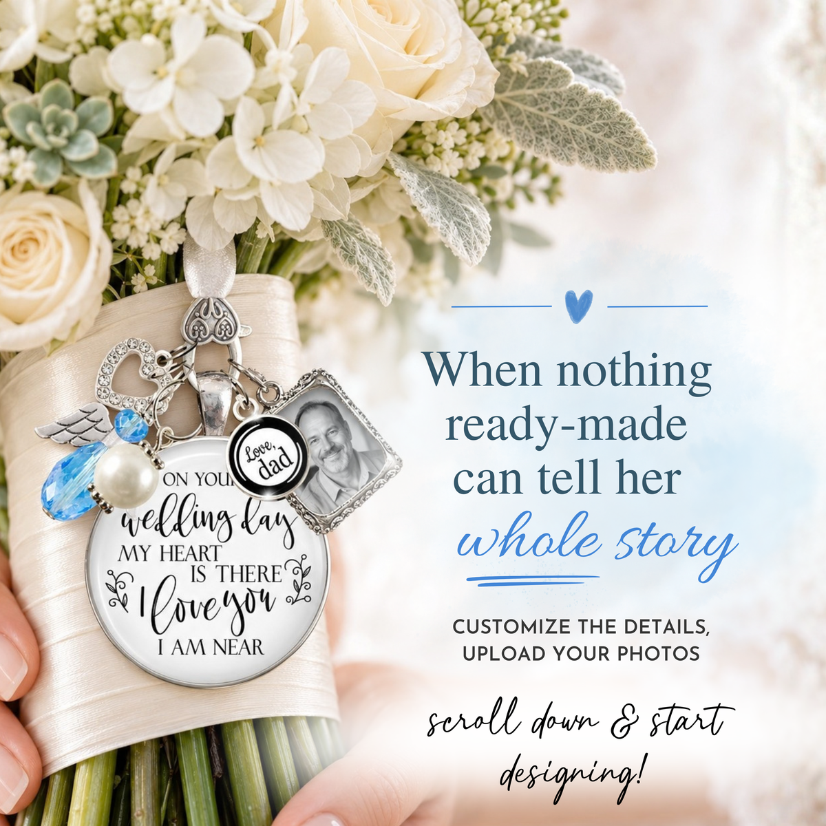Close up of small rectangle picture frame charm holding a photo of bride's father, memorial picture charm for wedding bouquet, something blue angel, rhinestone heart, and "Love Dad" personalized charm.