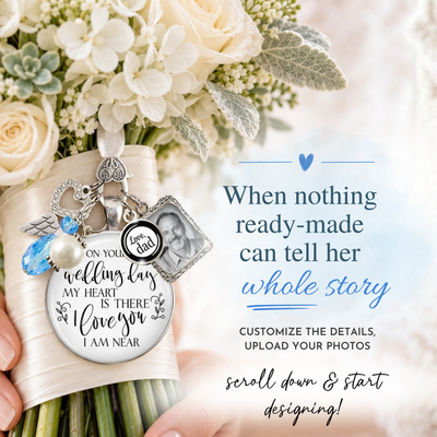 Close up of small rectangle picture frame charm holding a photo of bride's father, memorial picture charm for wedding bouquet, something blue angel, rhinestone heart, and "Love Dad" personalized charm.