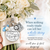 Close up of small rectangle picture frame charm holding a photo of bride's father, memorial picture charm for wedding bouquet, something blue angel, rhinestone heart, and "Love Dad" personalized charm.