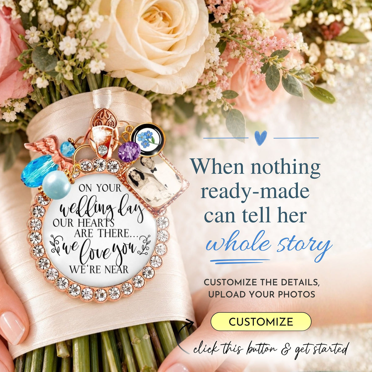Custom rose gold bridal bouquet memorial charm with rhinestone border, seashell charm, aqua bead, and custom grandparent photo frame pinned to a satin-wrapped wedding bouquet, with message: "When nothing ready-made can tell her whole story."