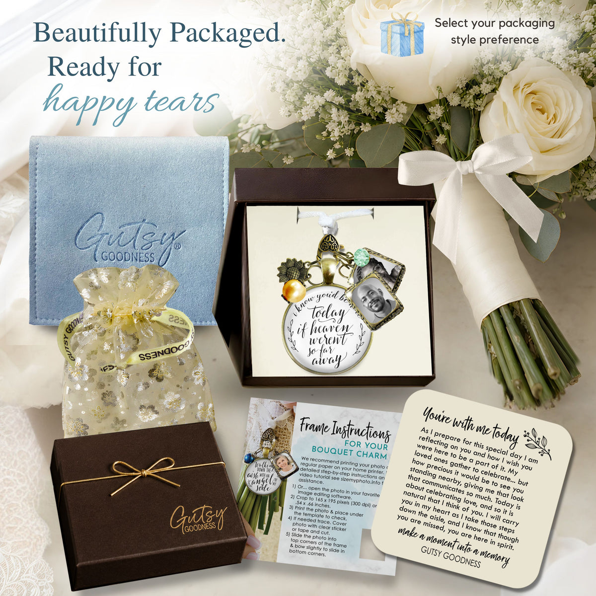 Gutsy Goodness bridal bouquet charm gift packaging options showing a signature keepsake gift box with gold cord, organza gift bag, light blue suede jewelry pouch, frame instructions card, and sentimental "You're with me today" keepsake message card beside white wedding roses