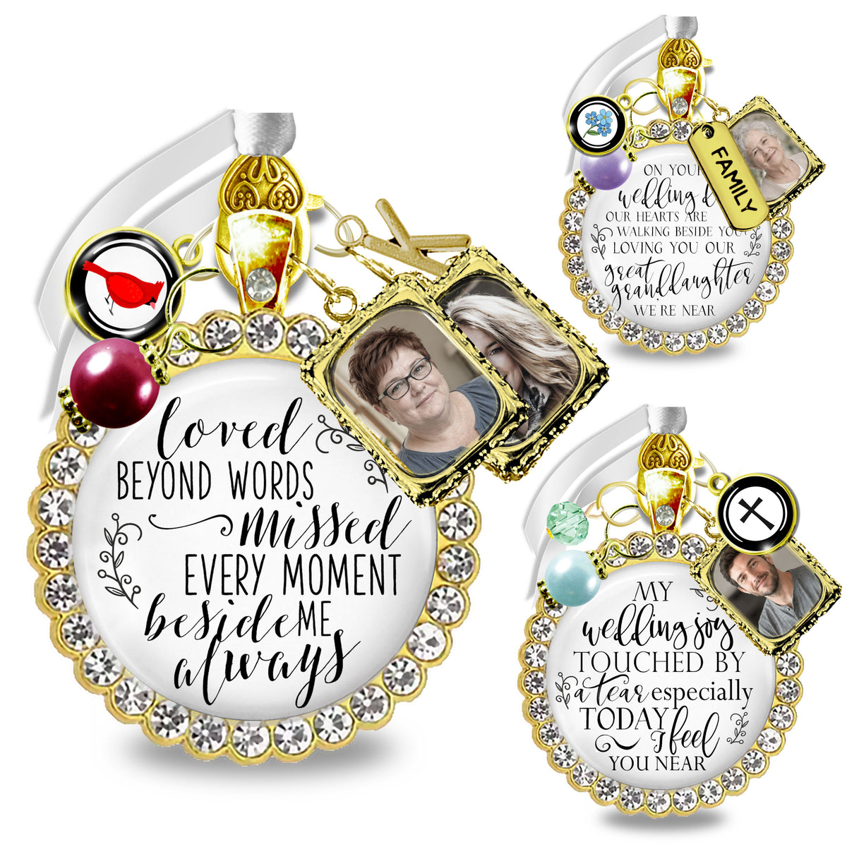 Collection of custom gold bridal bouquet memorial charms with sparkling rhinestone borders and custom photo frames, featuring sentimental quotes like "Loved Beyond Words, Missed Every Moment," red cardinal and crystal cross charms, and accent beads.
