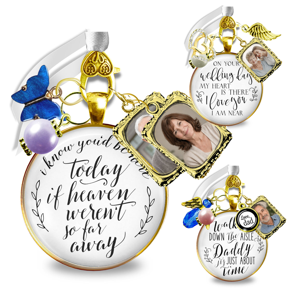 Collection of custom gold bridal bouquet memorial charms featuring personalized photo frames, sentimental quotes including "Heaven Weren't So Far Away" and "Walk Down the Aisle Daddy," with angel wings, butterflies, pearls, and blue crystal accents.