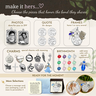 A promotional collage for personalized keepsake jewelry and photo frame accessories. The design shows example products including framed photos, round quote charms, metal charms, colorful birthmonth charms, and packaged keepsake items on a cream and dark brown background with decorative text and small photos.