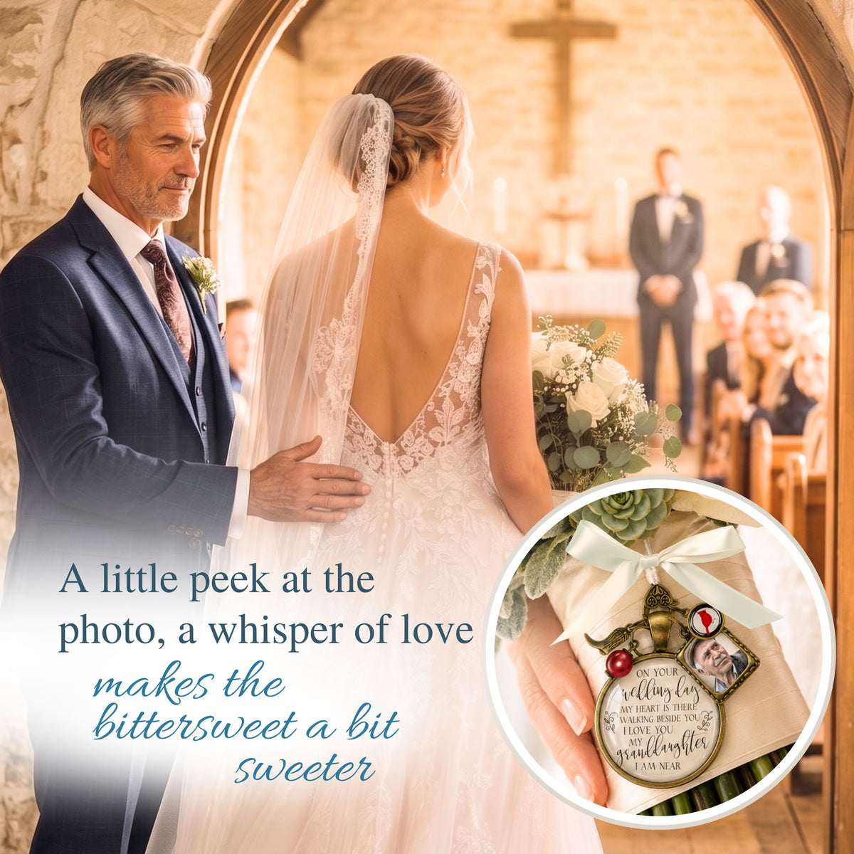 Bride walking down the aisle with her father, featuring an inset of a personalized bronze bridal bouquet charm with a custom grandfather photo frame, cardinal charm, and quote: "A little peek at the photo, a whisper of love makes the bittersweet a bit sweeter."
