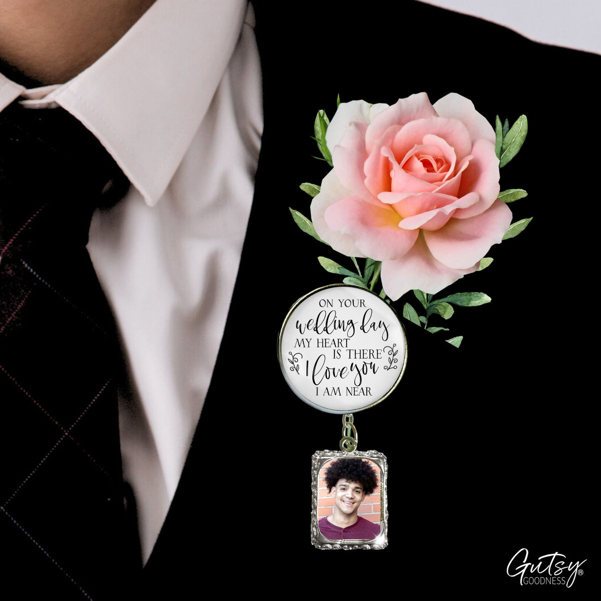 Groom's Boutonniere Pin On Your Wedding Day Memorial Any Loved One Silver Photo Picture Frame Charm