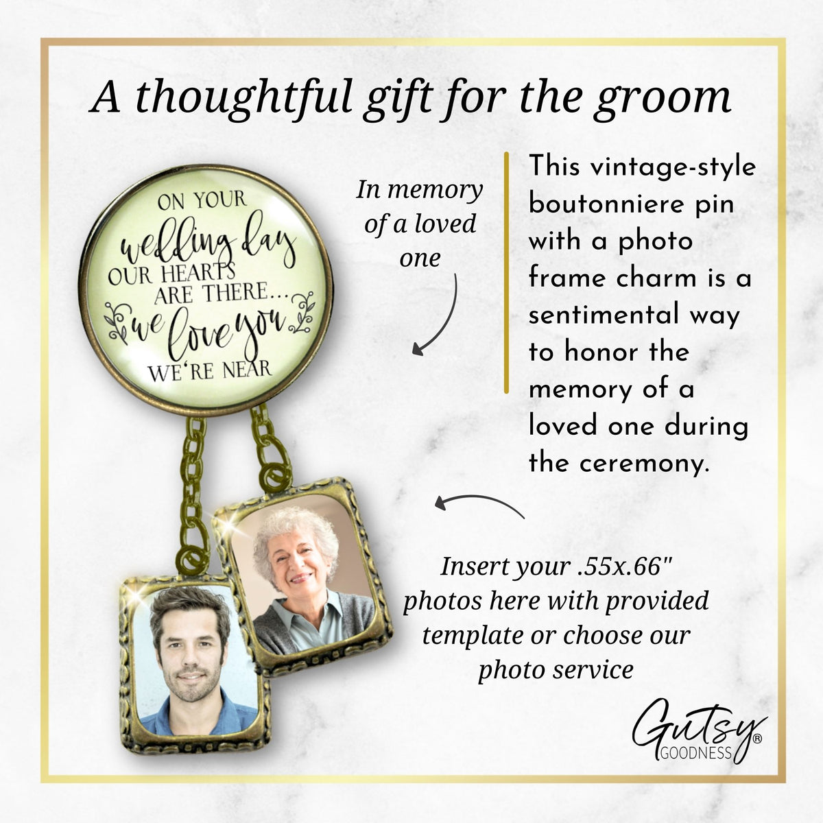 Groom's Boutonniere Pin On Your Wedding Day Memorial Any Loved One Bronze Photo Picture Frame Charm