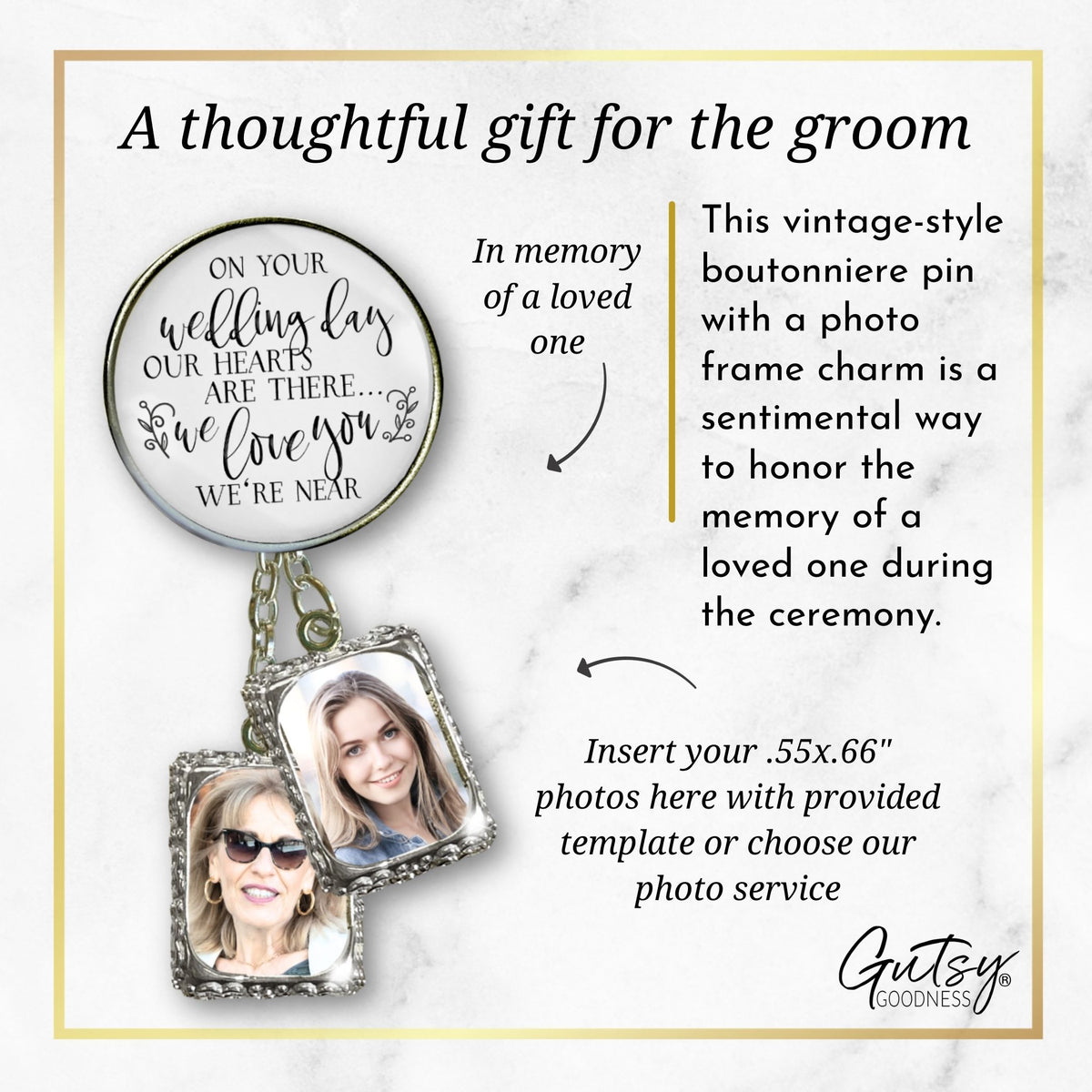 Groom's Boutonniere Pin On Your Wedding Day Memorial Any Loved One Silver Photo Picture Frame Charm