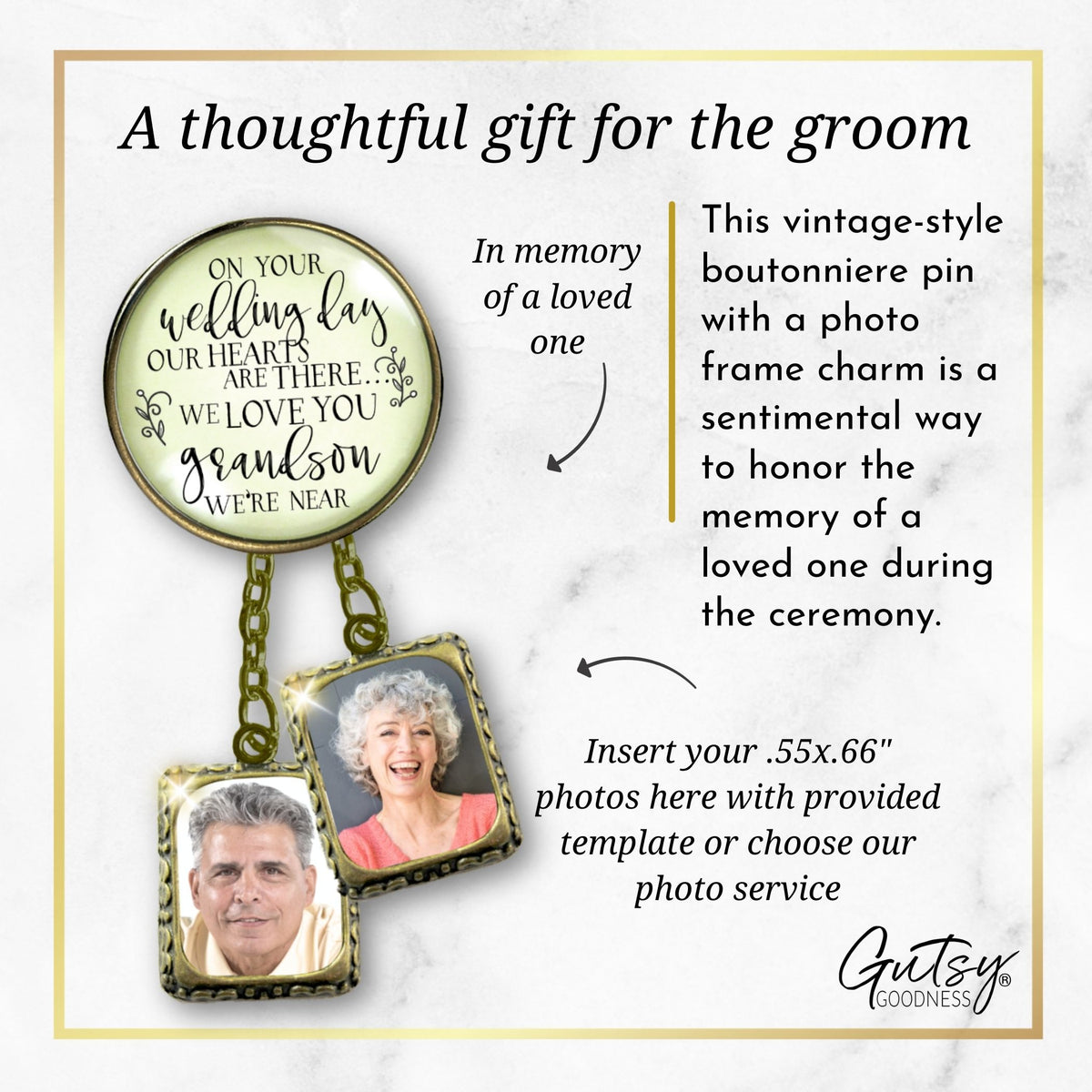 Groom's Boutonniere Pin Wedding Grandparents Memorial for Grandson Bronze Photo Picture Frame Charm