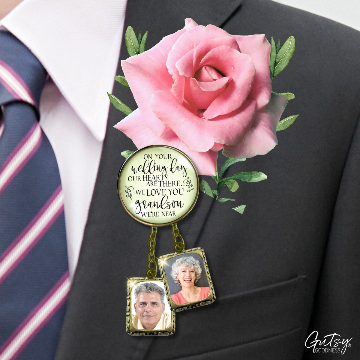 Groom's Boutonniere Pin Wedding Grandparents Memorial for Grandson Bronze Photo Picture Frame Charm