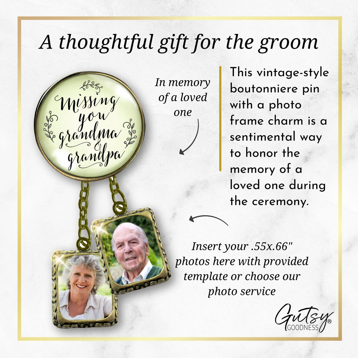 Groom's Boutonniere Pin Missing You Mom & Dad Wedding Memorial Bronze Photo Picture Frame Charm