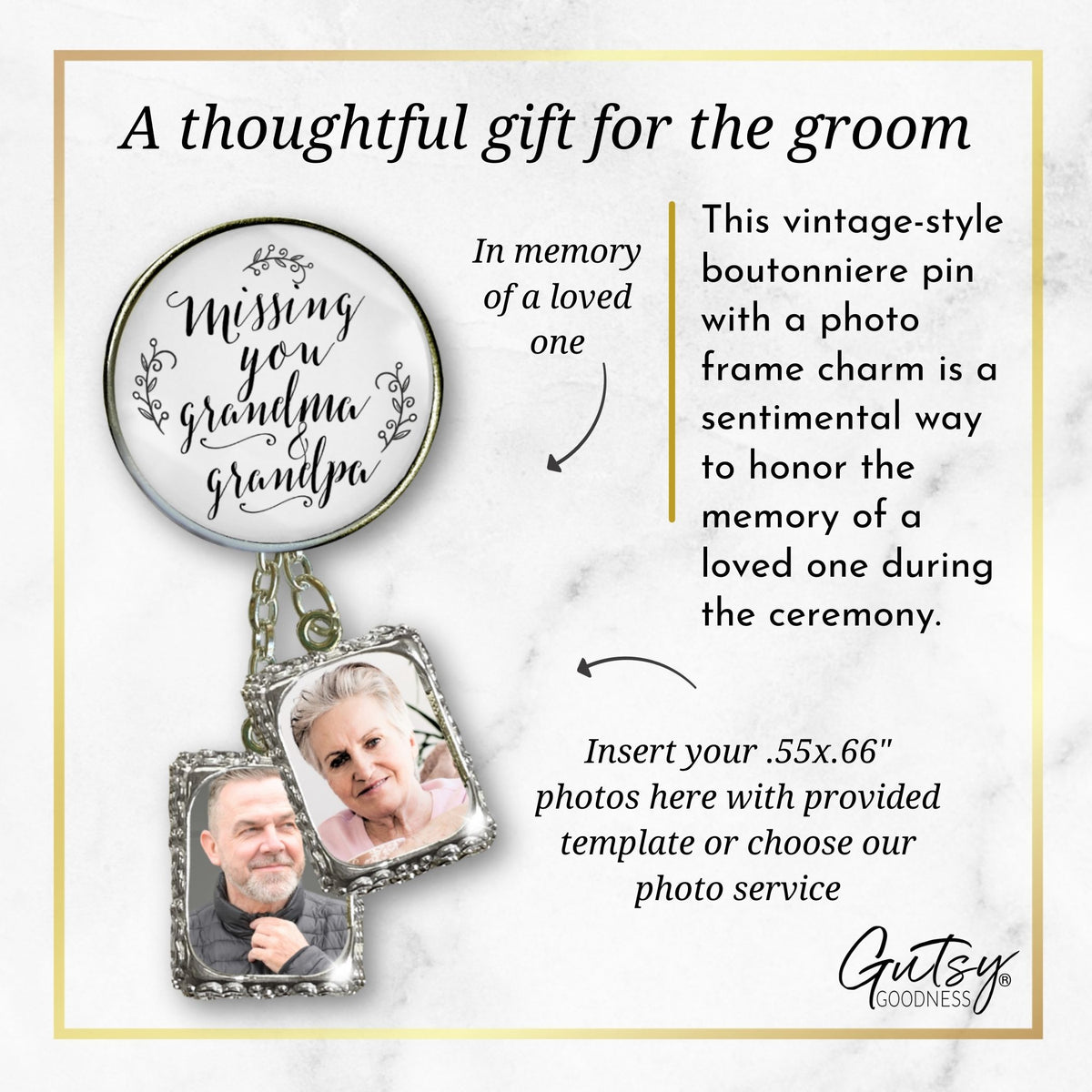 Groom's Boutonniere Pin Missing You Grandma & Grandpa Wedding Memorial Silver Photo Picture Frame Charm