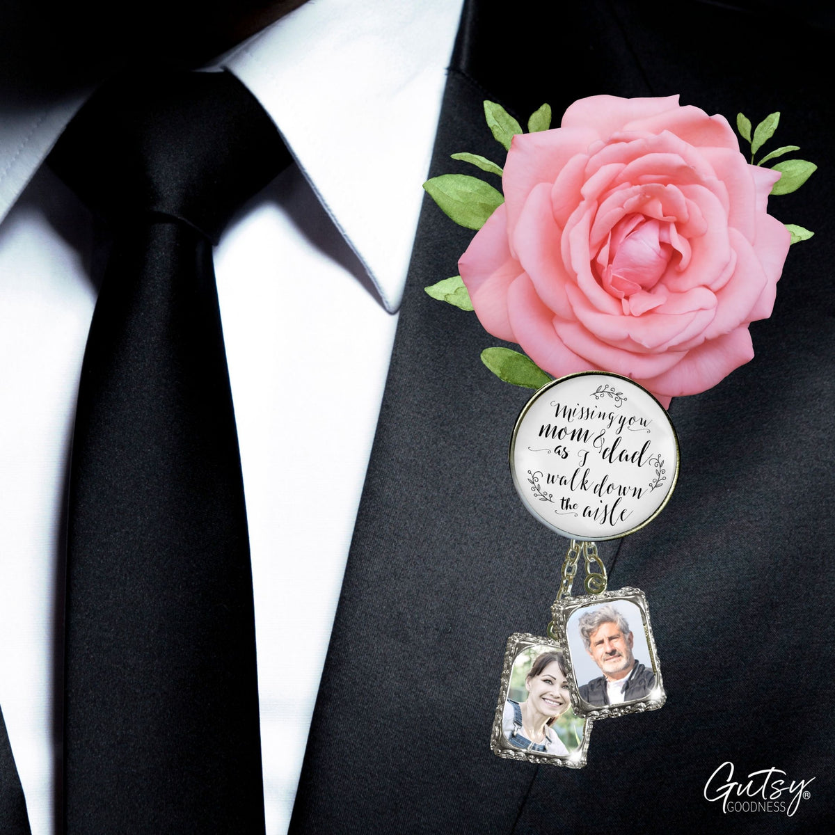 Groom's Boutonniere Pin Missing You Grandma & Grandpa Wedding Memorial Silver Photo Picture Frame Charm