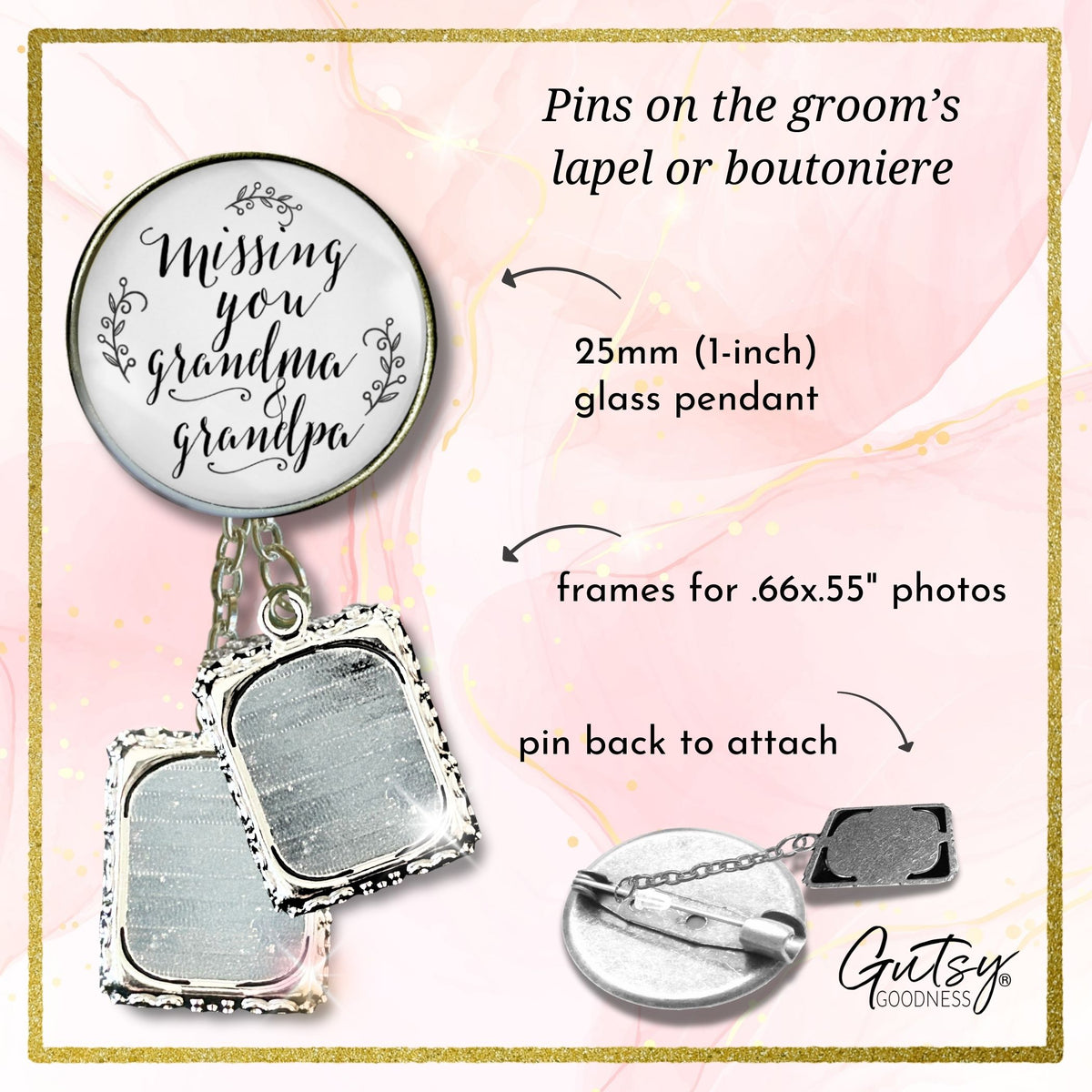 Groom's Boutonniere Pin Missing You Grandma & Grandpa Wedding Memorial Silver Photo Picture Frame Charm