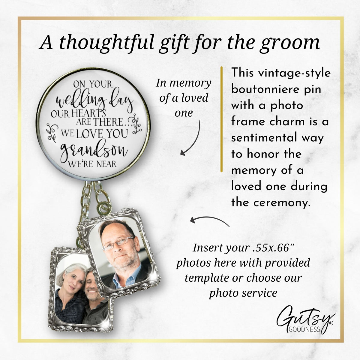 Groom's Boutonniere Pin Wedding My Grandson... Memorial Grandma Grandpa Silver Photo Picture Frame Charm