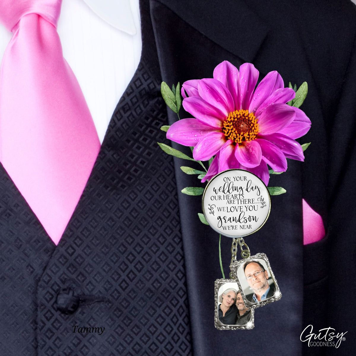 Groom's Boutonniere Pin Wedding My Grandson... Memorial Grandma Grandpa Silver Photo Picture Frame Charm