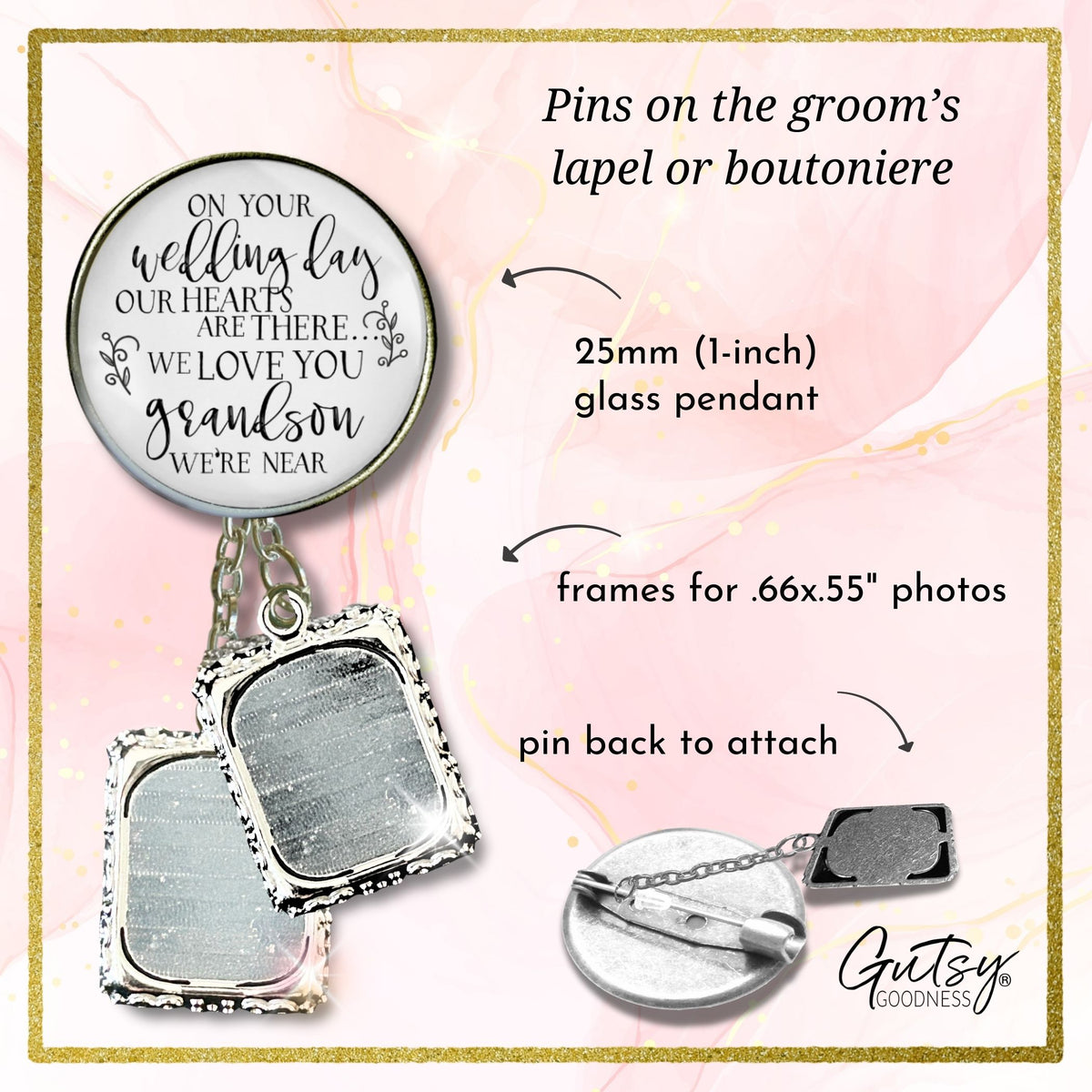 Groom's Boutonniere Pin Wedding My Grandson... Memorial Grandma Grandpa Silver Photo Picture Frame Charm