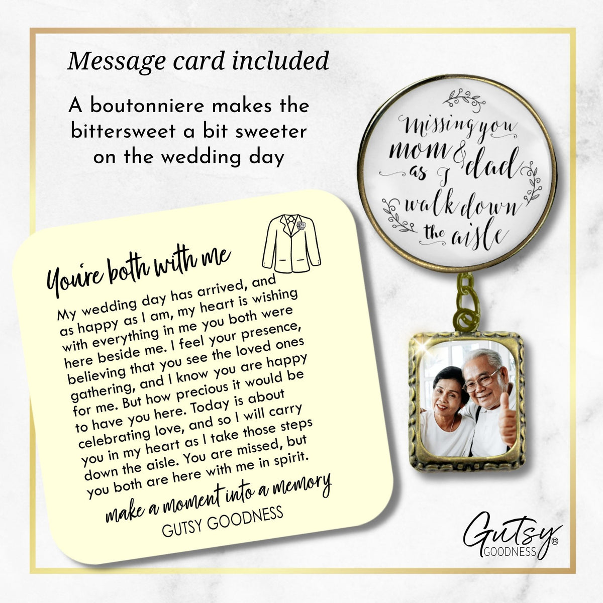 Groom's Boutonniere Pin Missing You Mom & Dad Wedding Memorial Bronze Photo Picture Frame Charm