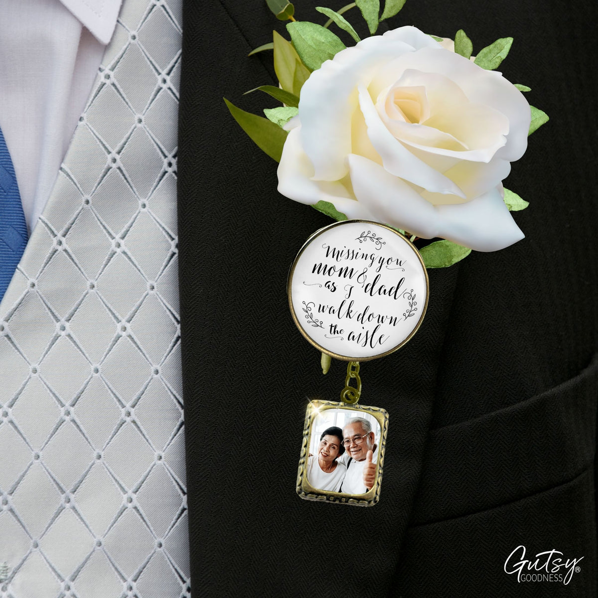 Groom's Boutonniere Pin Missing You Mom & Dad Wedding Memorial Bronze Photo Picture Frame Charm