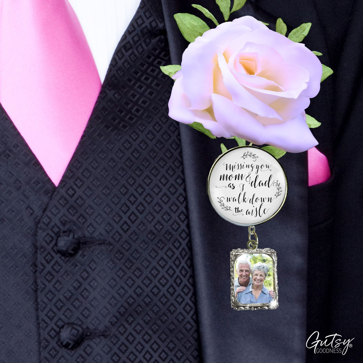 Groom's Boutonniere Pin Wedding Parents Memorial for Son Silver Photo Picture Frame Charm