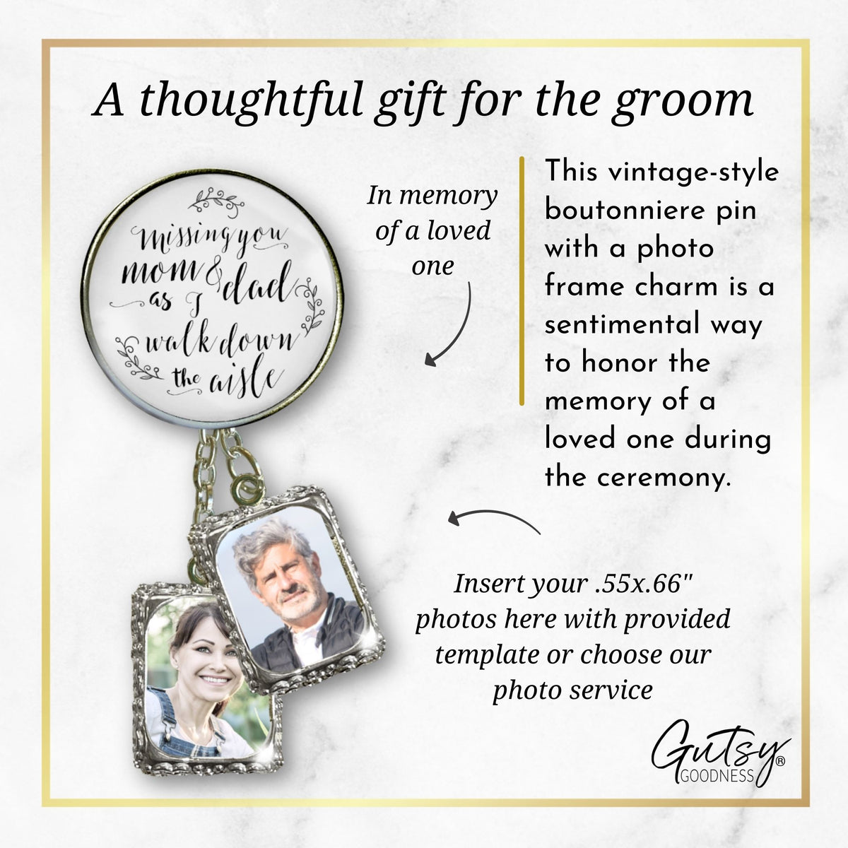 Groom's Boutonniere Pin Wedding Parents Memorial for Son Silver Photo Picture Frame Charm