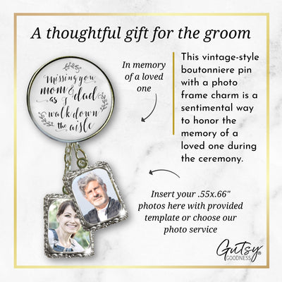 Groom's Boutonniere Pin Wedding Parents Memorial for Son Silver Photo Picture Frame Charm