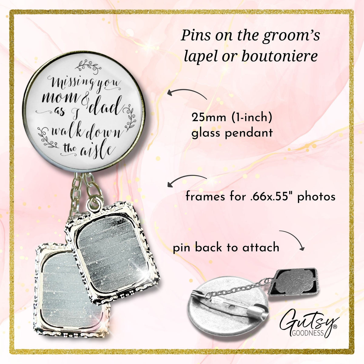 Groom's Boutonniere Pin Wedding Parents Memorial for Son Silver Photo Picture Frame Charm