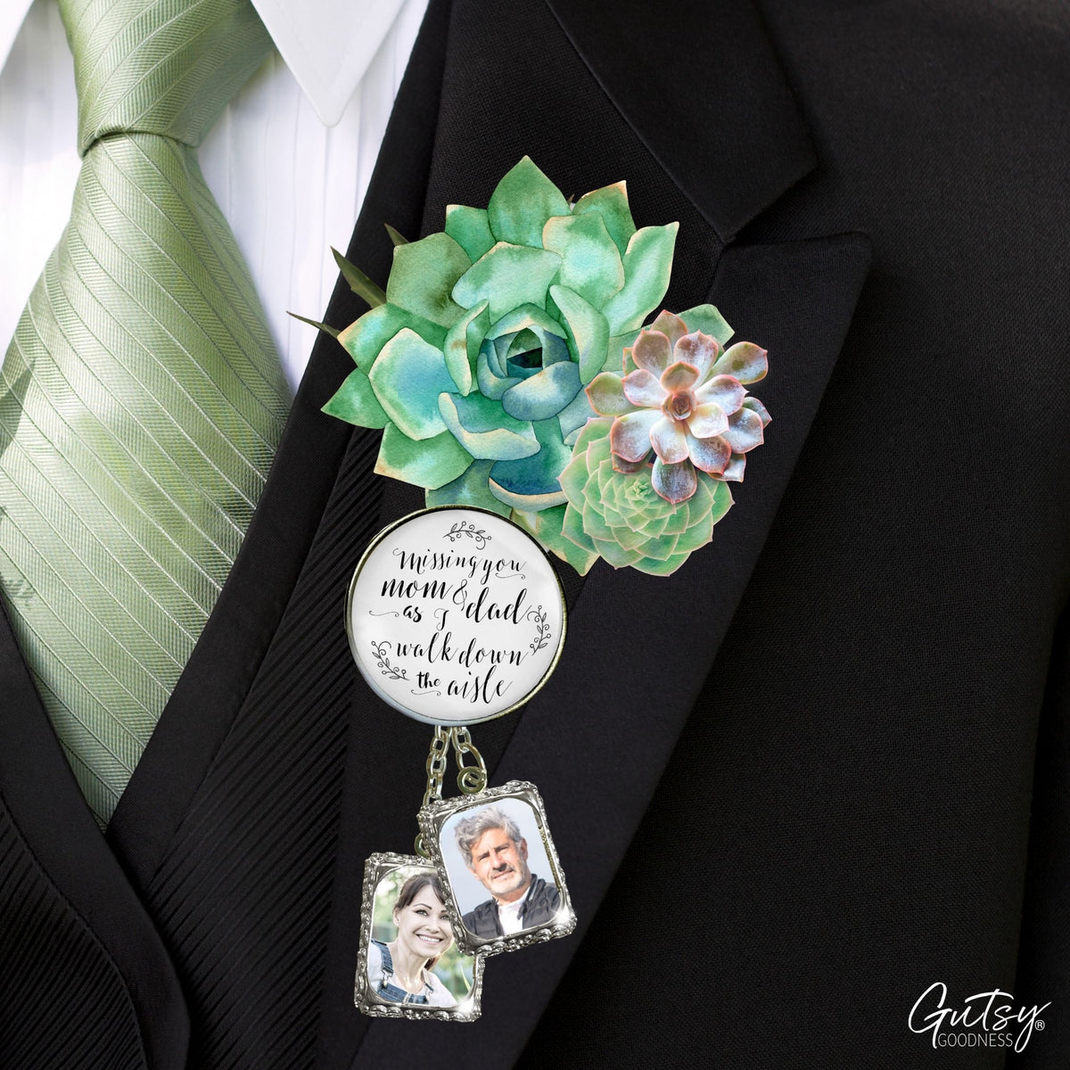 Groom's Boutonniere Pin Wedding Parents Memorial for Son Silver Photo Picture Frame Charm