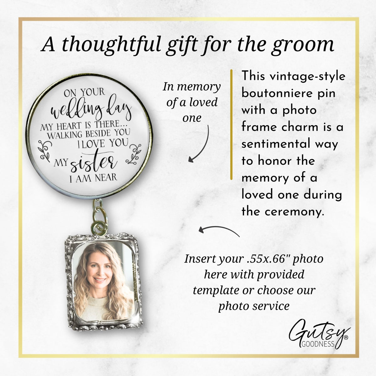 Groom's Boutonniere Pin Brother or Sister Memorial On Wedding Day Silver Photo Picture Frame Charm