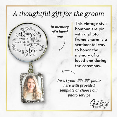 Groom's Boutonniere Pin Brother or Sister Memorial On Wedding Day Silver Photo Picture Frame Charm