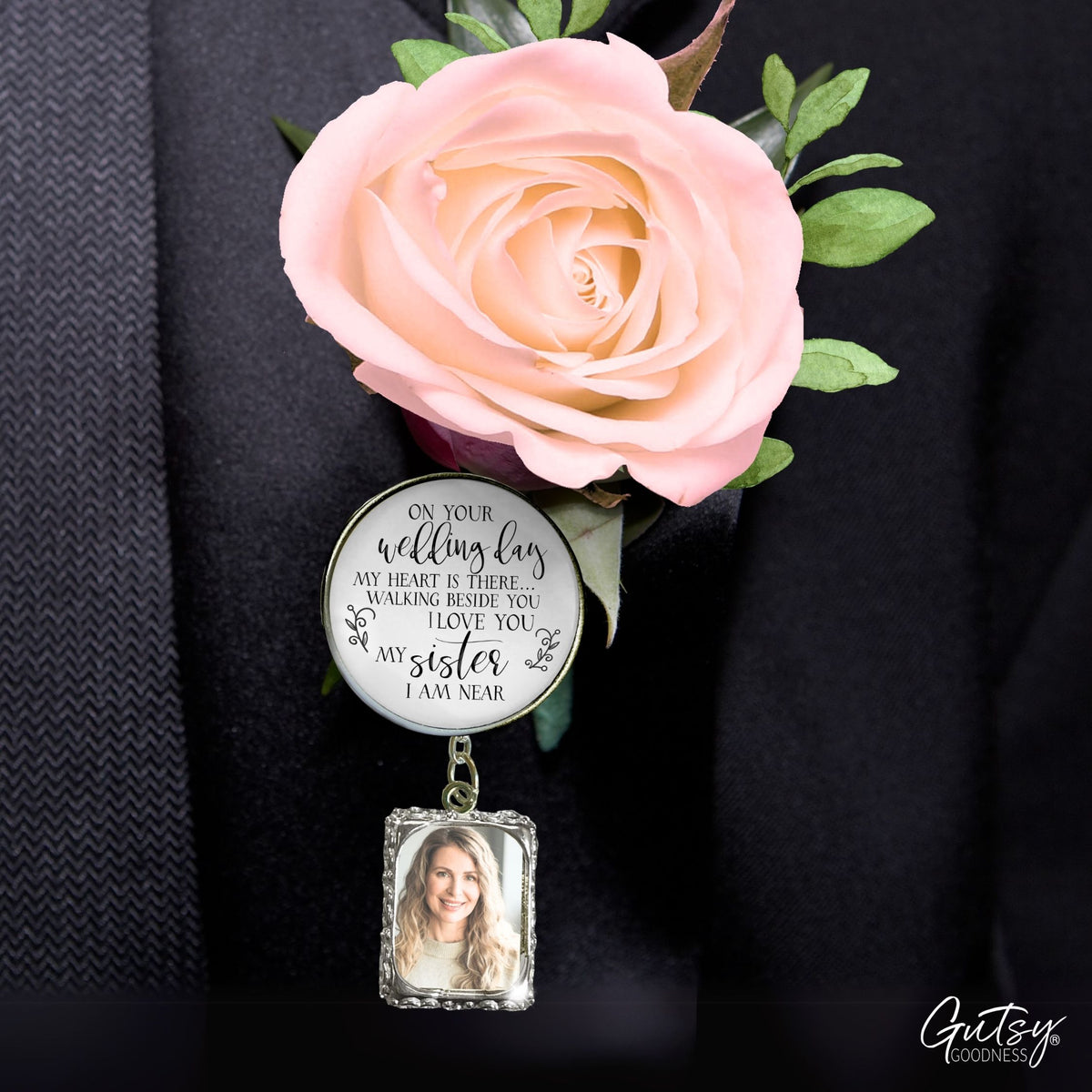 Groom's Boutonniere Pin Brother or Sister Memorial On Wedding Day Silver Photo Picture Frame Charm