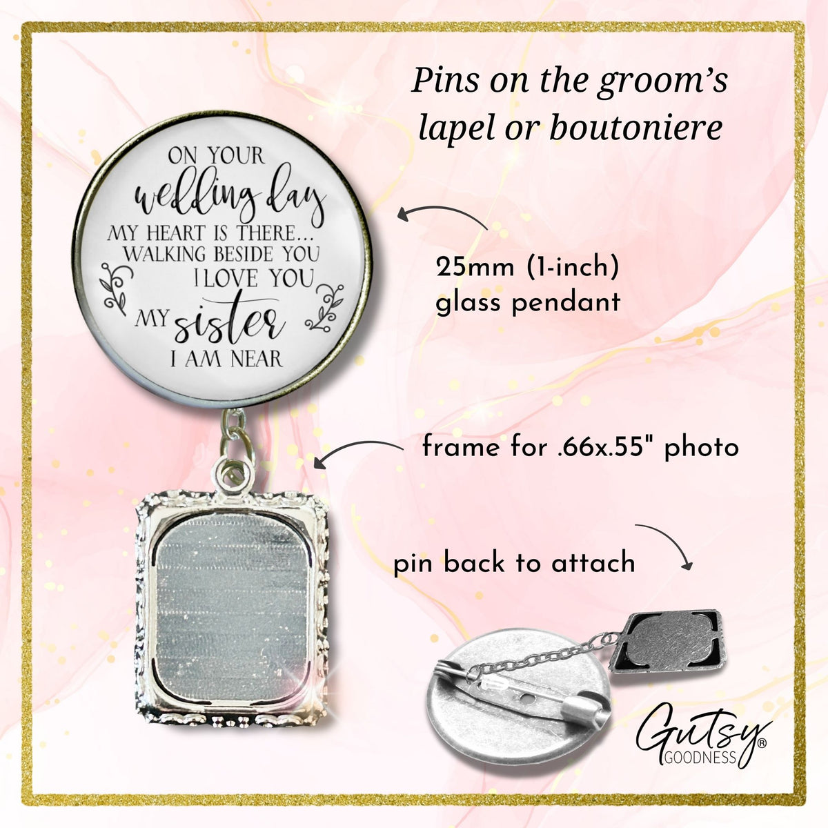 Groom's Boutonniere Pin Brother or Sister Memorial On Wedding Day Silver Photo Picture Frame Charm