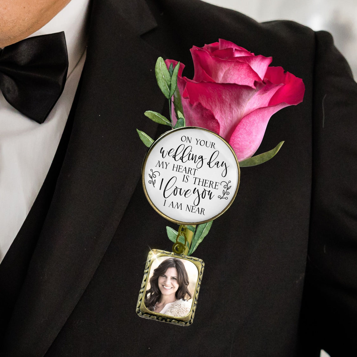 Groom's Boutonniere Pin On Your Wedding Day Memorial Any Loved One Bronze Photo Picture Frame Charm