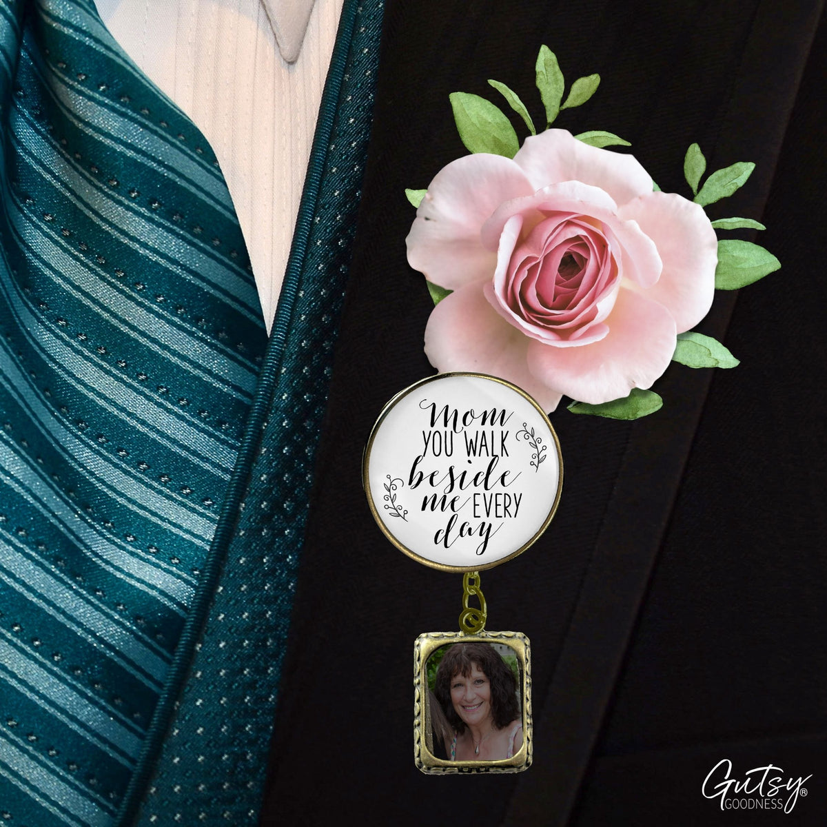 Groom's Boutonniere Pin Wedding Memorial Mom You Walk Bronze White Cream Photo Picture Frame Charm