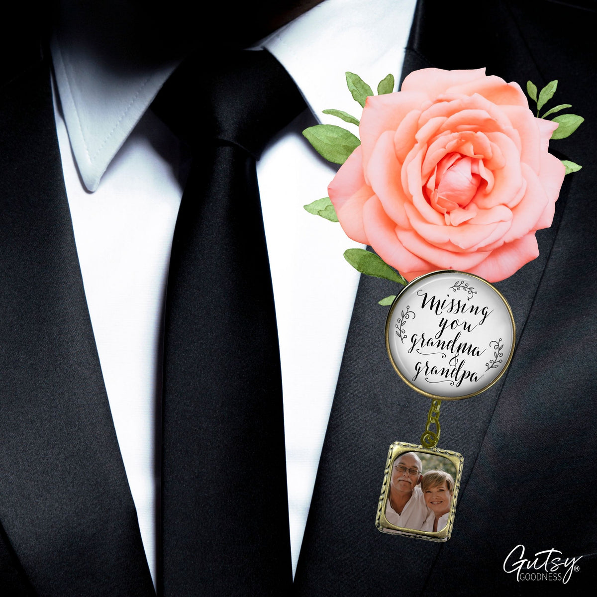 Groom's Boutonniere Pin Missing You Grandma & Grandpa Wedding Memorial Bronze Photo Picture Frame Charm