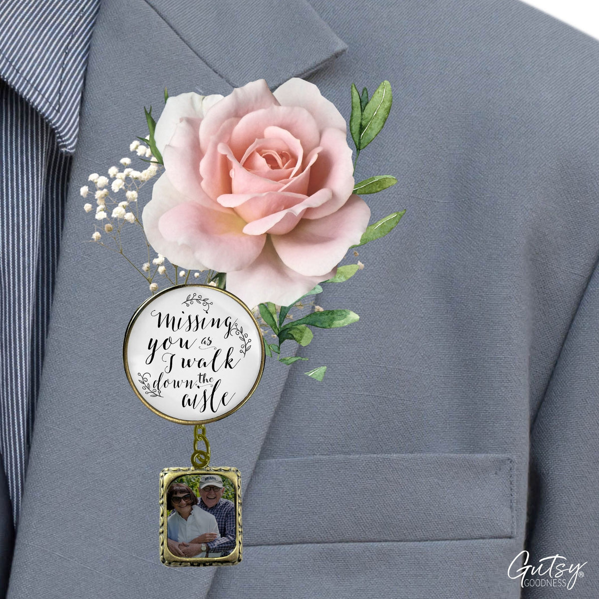 Groom's Boutonniere Pin Wedding Memorial Missing You As I Walk Bronze Photo Picture Frame Charm