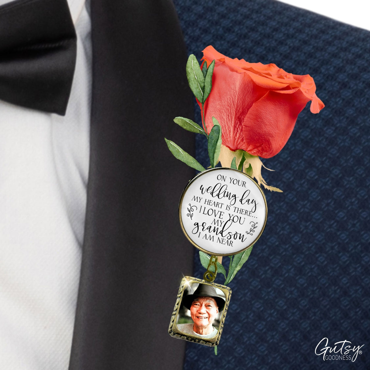 Groom's Boutonniere Pin Wedding Grandparents Memorial for Grandson Bronze Photo Picture Frame Charm