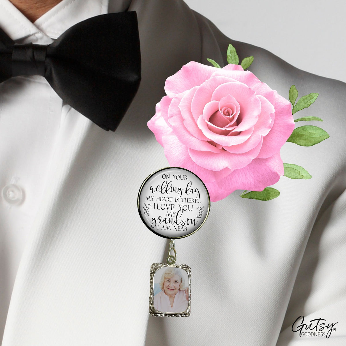 Groom's Boutonniere Pin Wedding My Grandson... Memorial Grandma Grandpa Silver Photo Picture Frame Charm