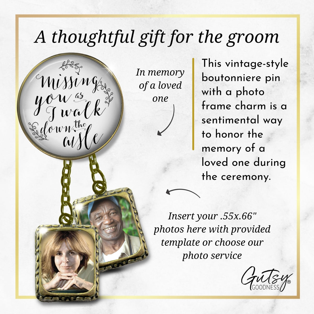 Groom's Boutonniere Pin Wedding Memorial Missing You As I Walk Bronze Photo Picture Frame Charm