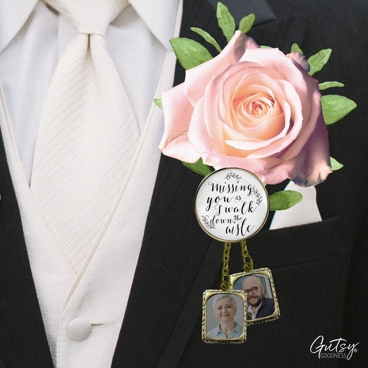 Groom's Boutonniere Pin Wedding Memorial Missing You As I Walk Bronze Photo Picture Frame Charm