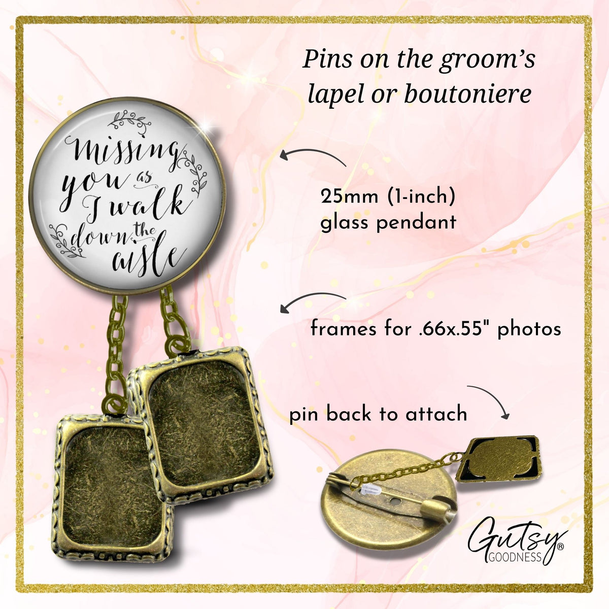 Groom's Boutonniere Pin Wedding Memorial Missing You As I Walk Bronze Photo Picture Frame Charm