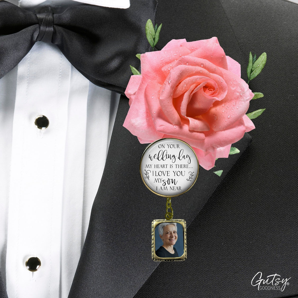 Groom's Boutonniere Pin Wedding Parents Memorial for Son Bronze Photo Picture Frame Charm