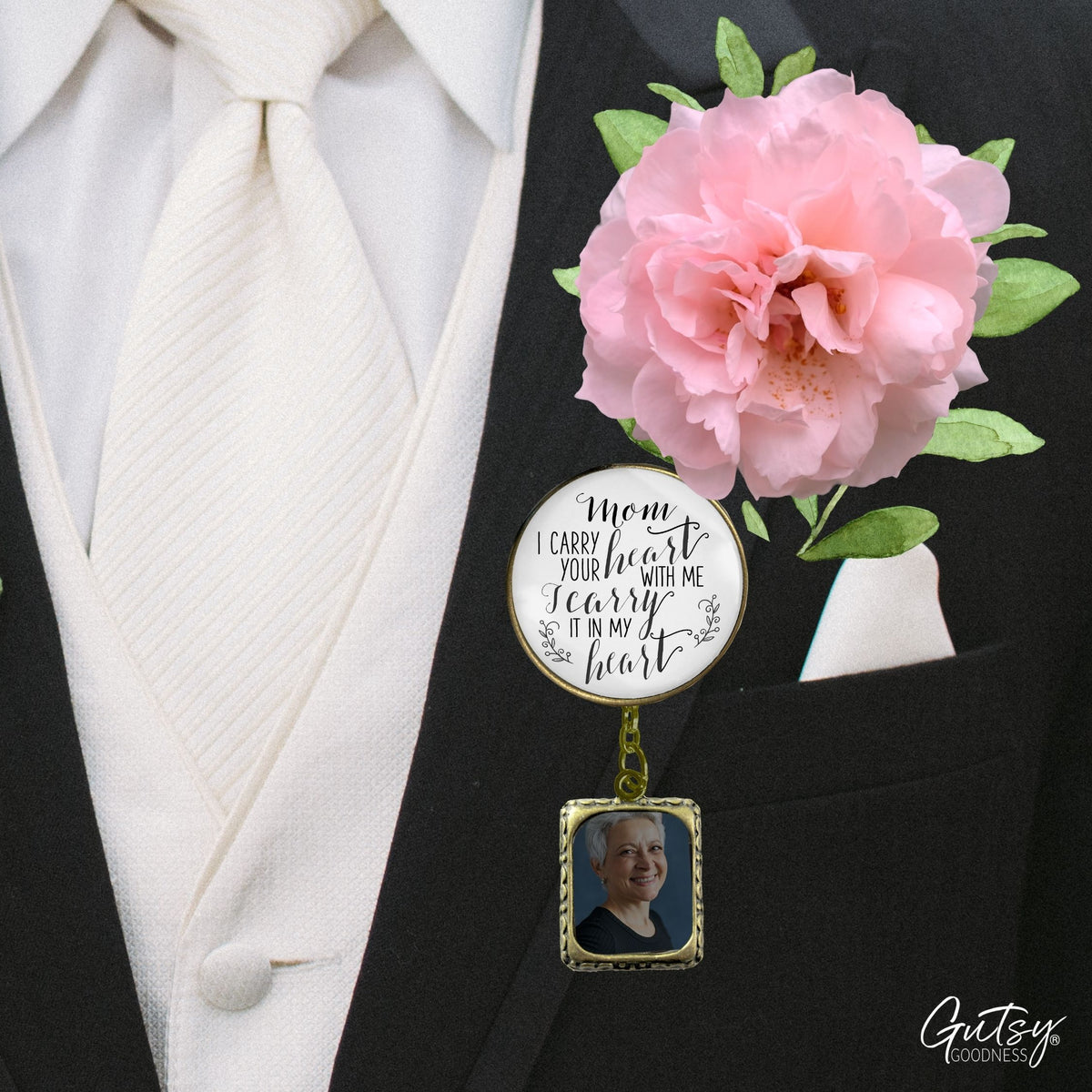 Groom's Boutonniere Pin Wedding Memorial Mom Mother I Carry Heart Bronze Photo Picture Frame Charm