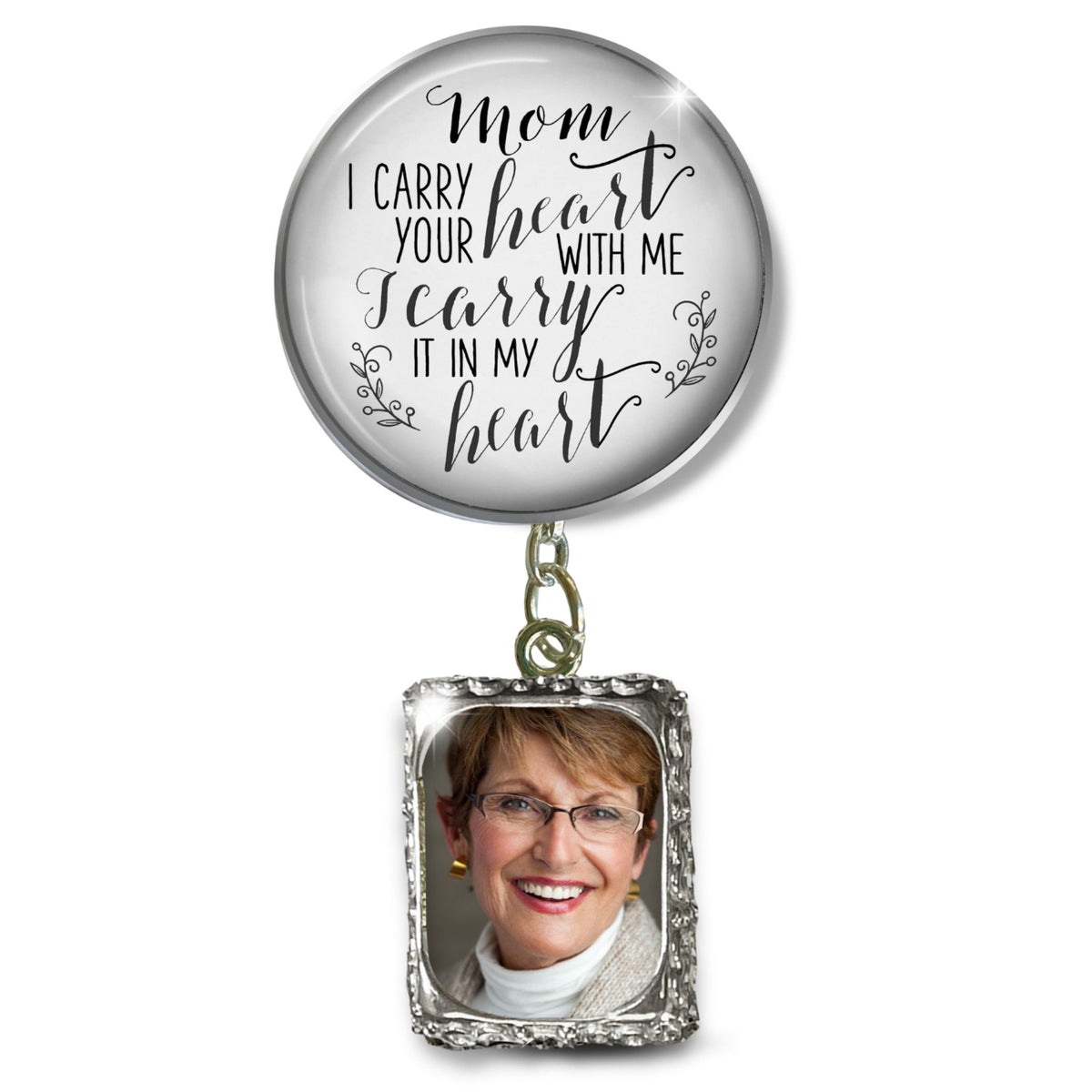 Groom's Boutonniere Pin Wedding Memorial Mom Mother I Carry Heart Silver Photo Picture Frame Charm