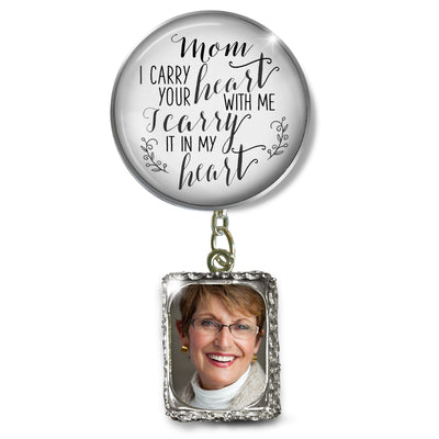 Groom's Boutonniere Pin Wedding Memorial Mom Mother I Carry Heart Silver Photo Picture Frame Charm