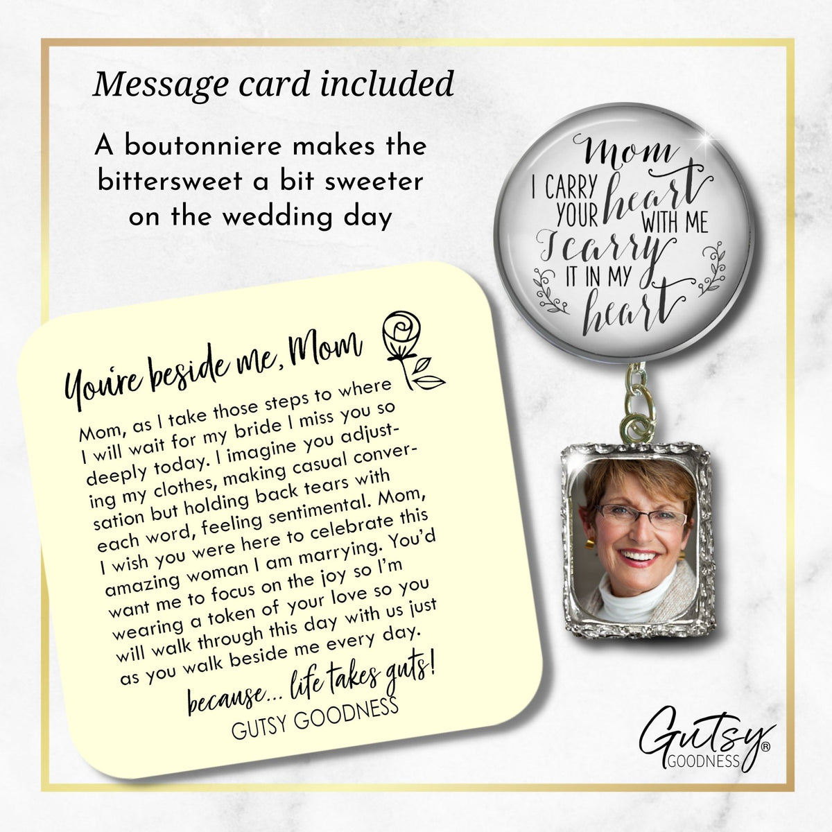 Groom's Boutonniere Pin Wedding Memorial Mom Mother I Carry Heart Silver Photo Picture Frame Charm