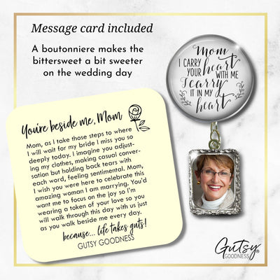 Groom's Boutonniere Pin Wedding Memorial Mom Mother I Carry Heart Silver Photo Picture Frame Charm