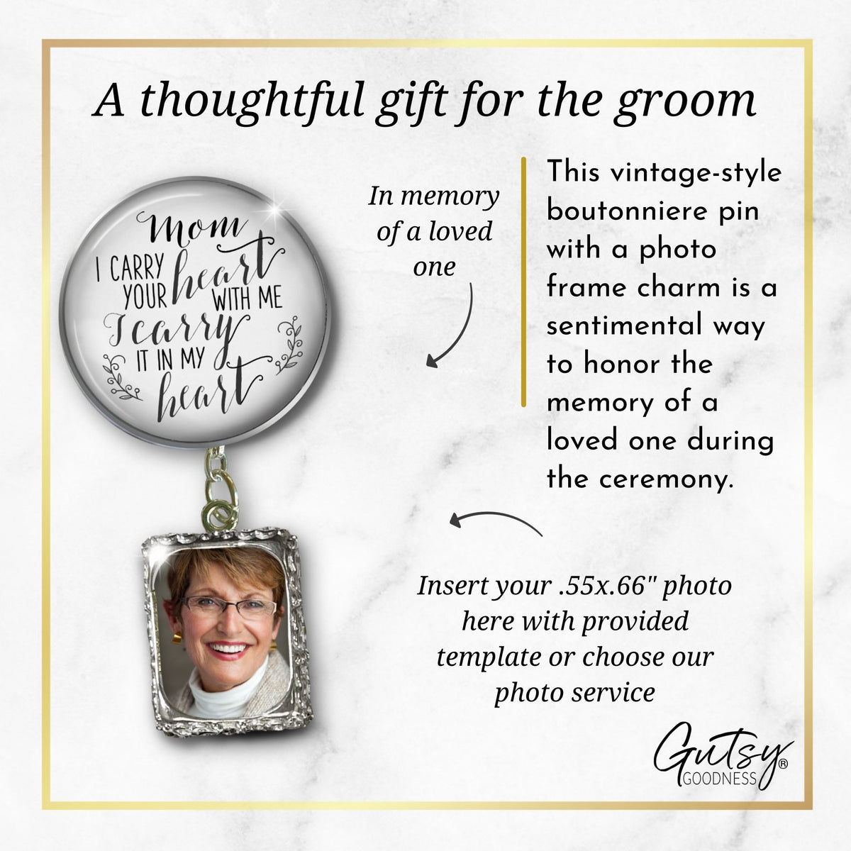 Groom's Boutonniere Pin Wedding Memorial Mom Mother I Carry Heart Silver Photo Picture Frame Charm