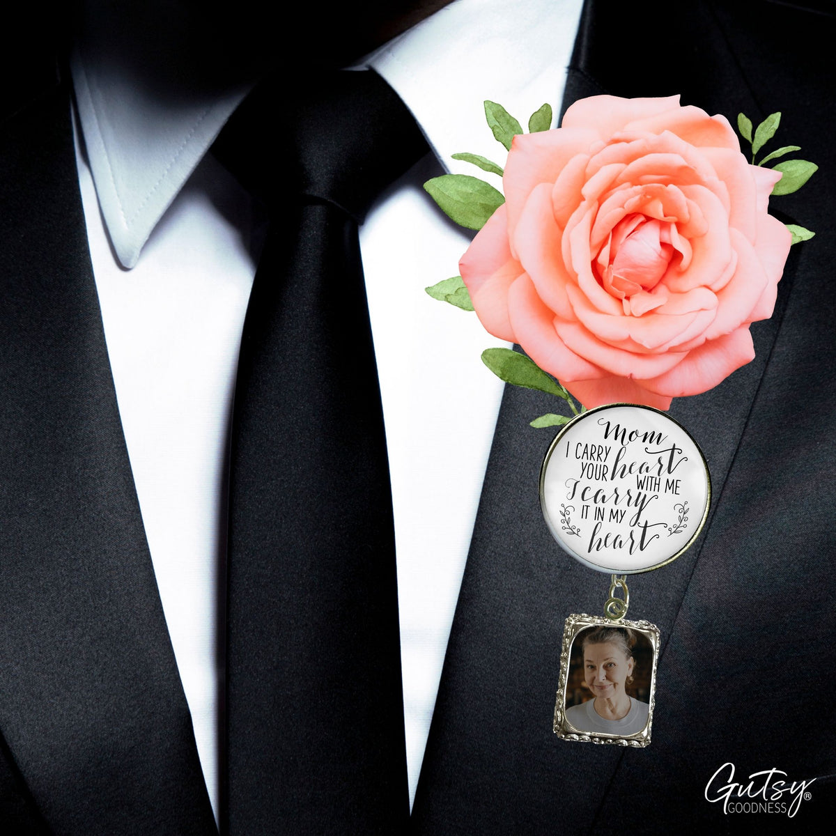 Groom's Boutonniere Pin Wedding Memorial Mom Mother I Carry Heart Silver Photo Picture Frame Charm